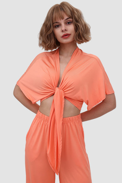 Deep V-neck Top & Elastic Wide Leg Pants