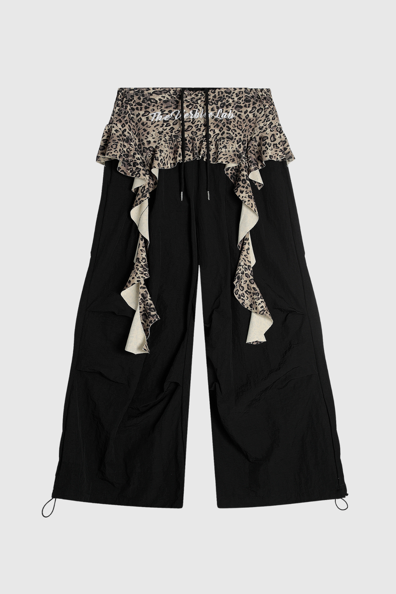 Deepak Leopard Ruffle Deconstruct Pants in Black