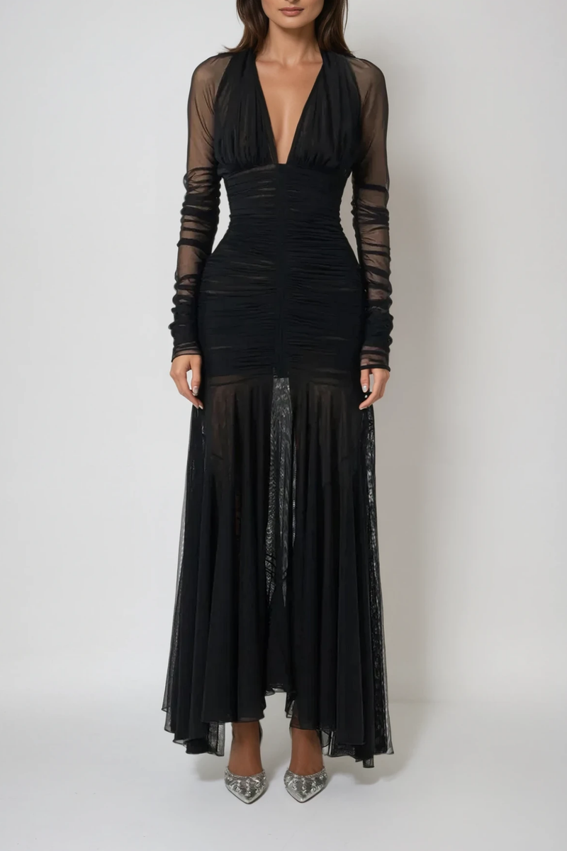 Dejana Plunge Ruch Mesh Maxi Dress