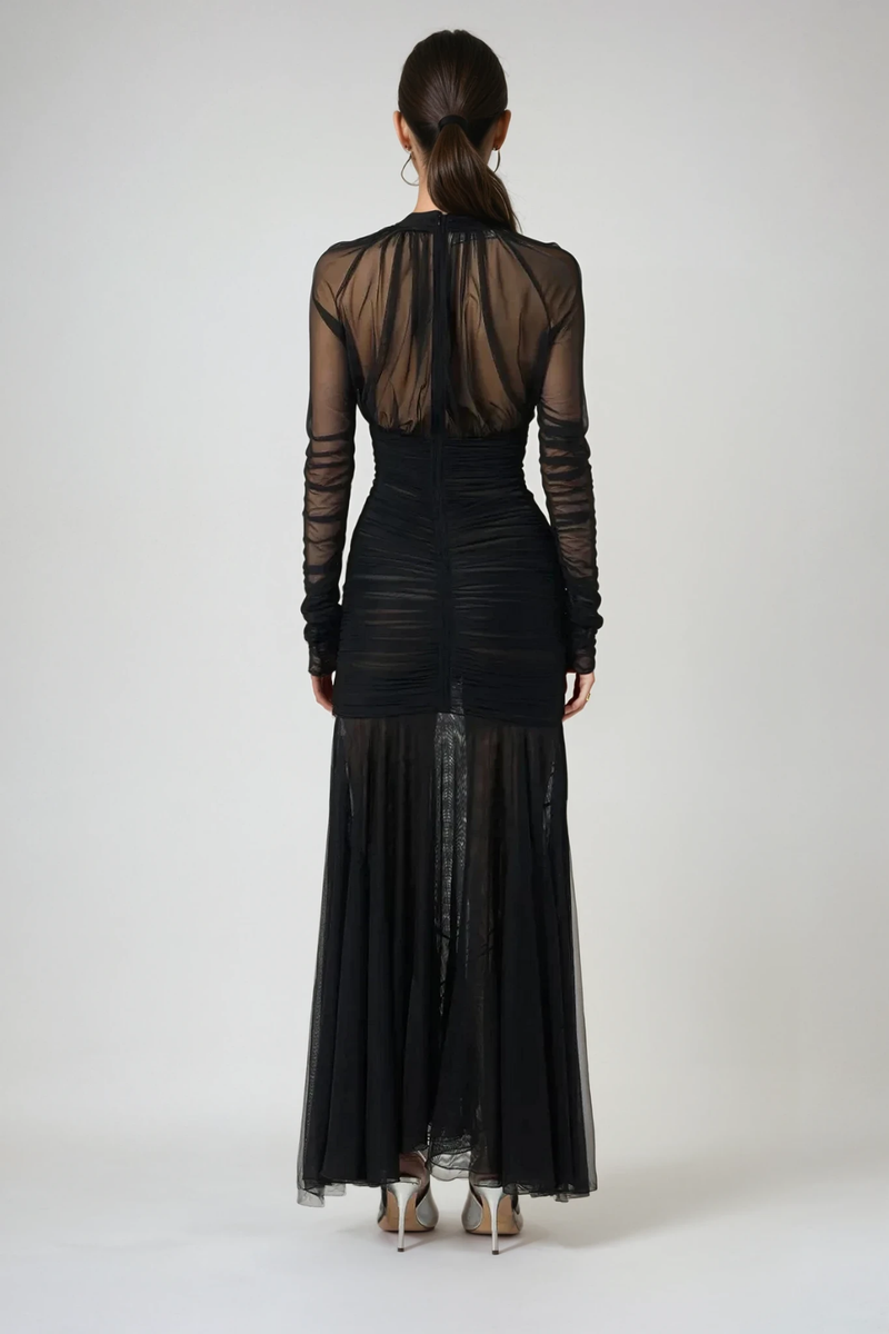 Dejana Plunge Ruch Mesh Maxi Dress