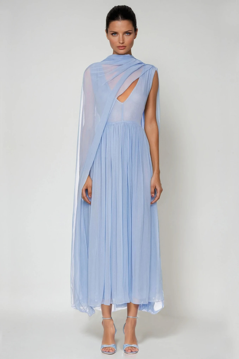 Delfino Plunge Mesh Shawl Maxi Dress