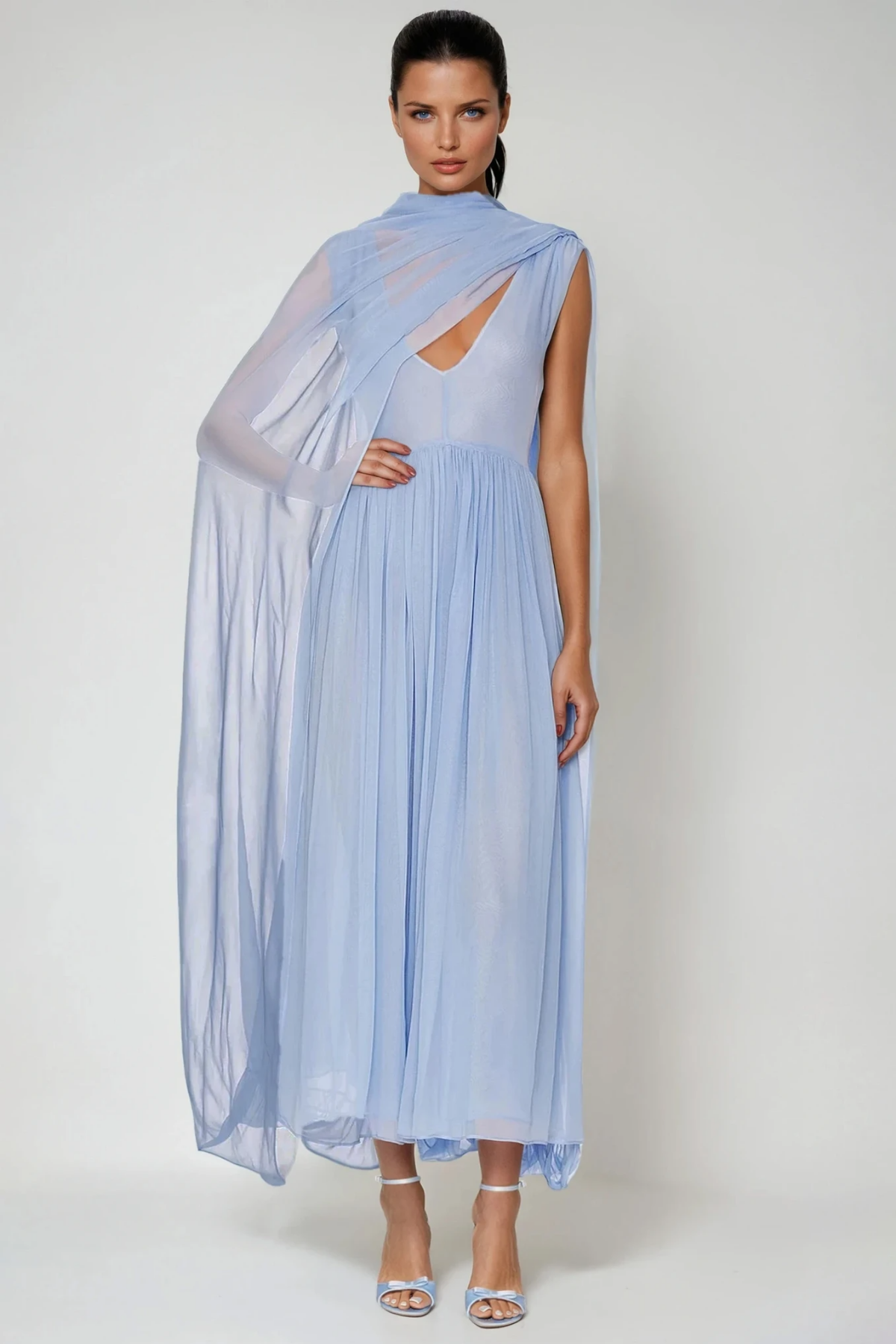 Delfino Plunge Mesh Shawl Maxi Dress