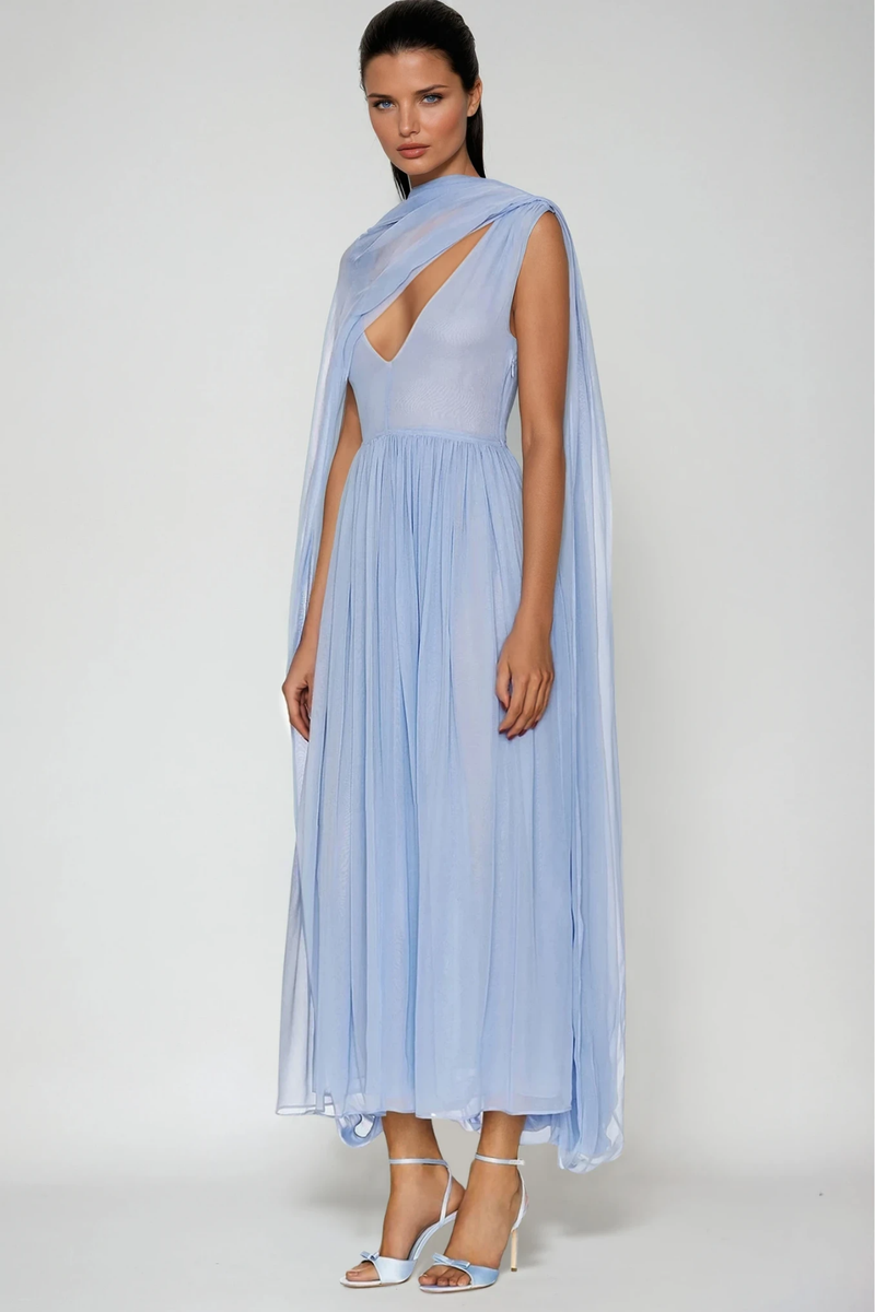 Delfino Plunge Mesh Shawl Maxi Dress
