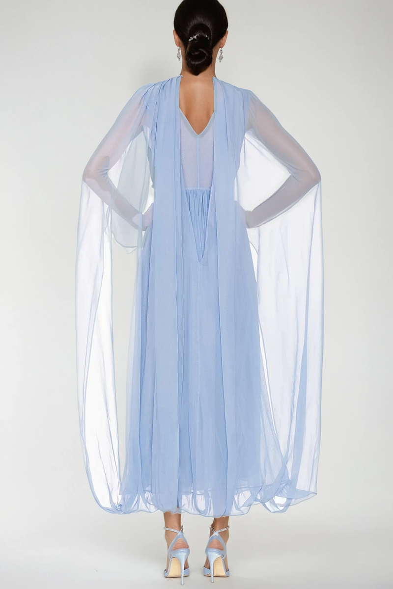 Delfino Plunge Mesh Shawl Maxi Dress