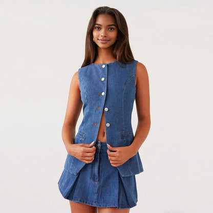 Denim Button Sleeveless Office Two Piece Set