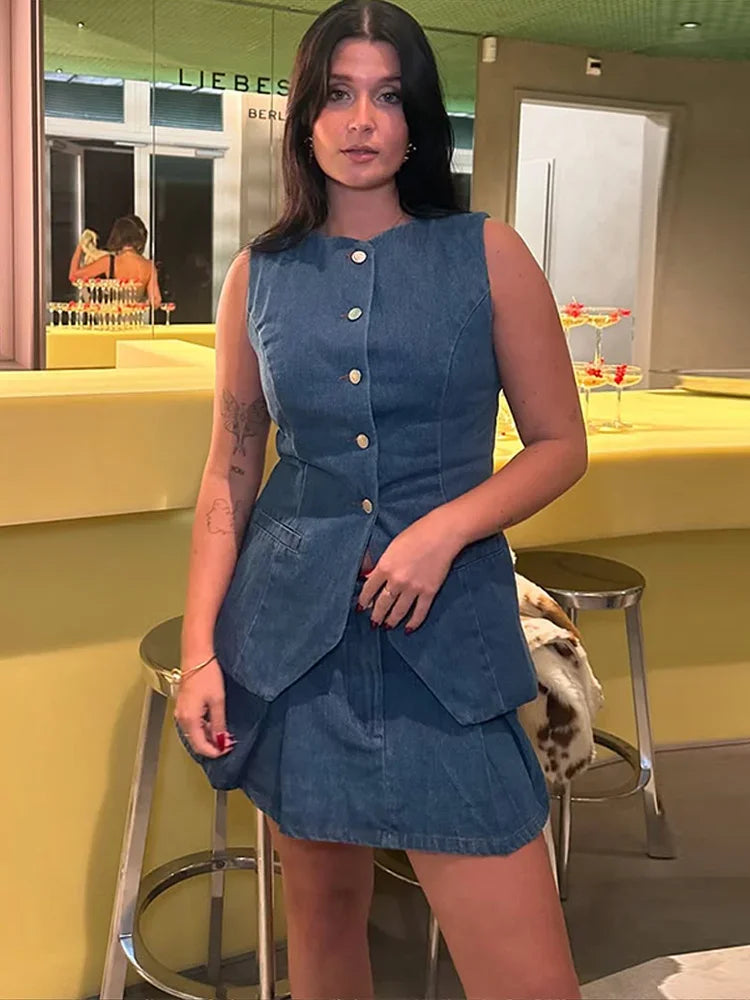 Denim Button Sleeveless Office Two Piece Set