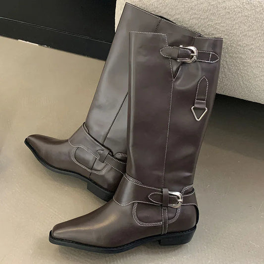 Designer Shoes Western Slip on Pointed Toe Flats Knee High Boots
