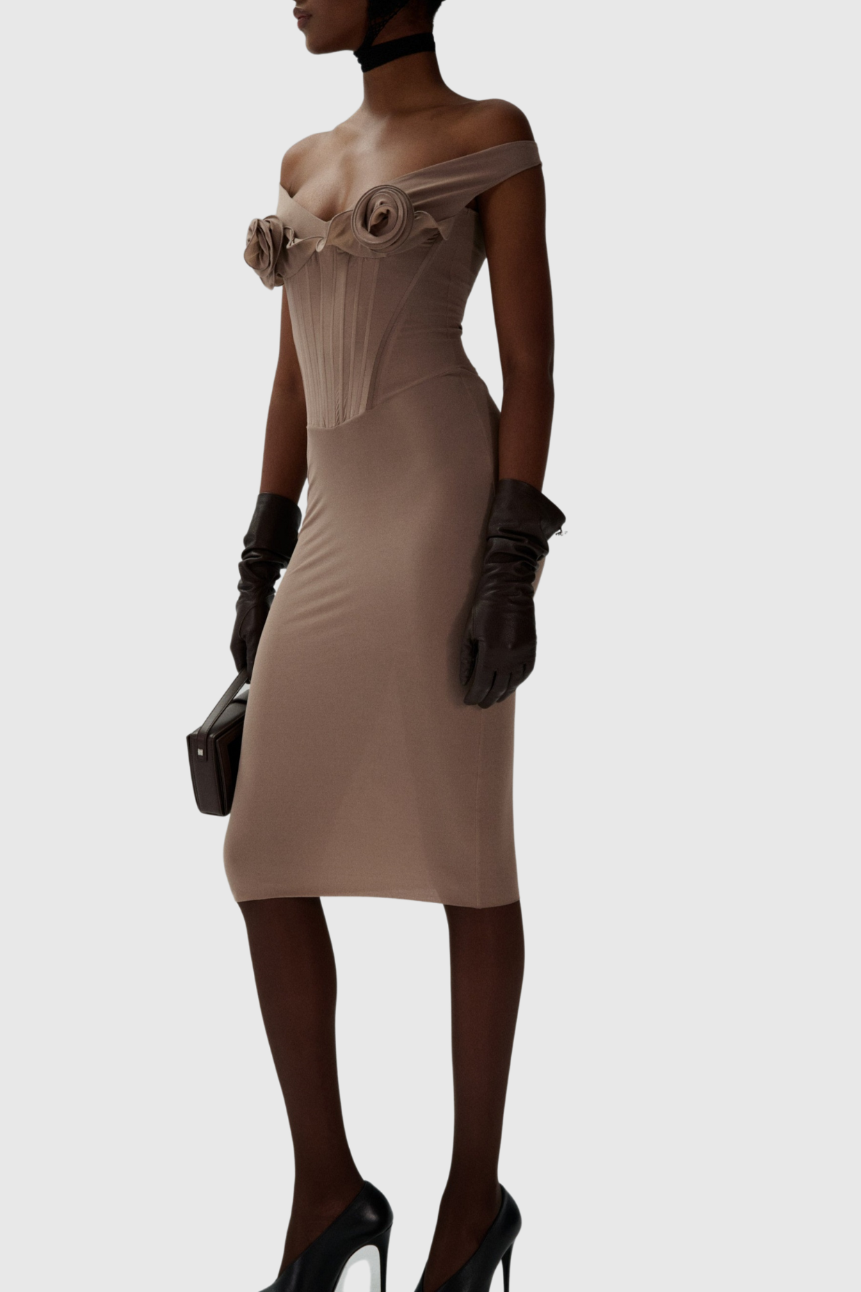 Dinella Appliqué Corset Midi Dress - Grey