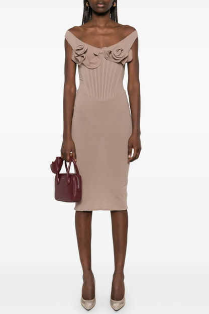 Dinella Appliqué Corset Midi Dress - Grey