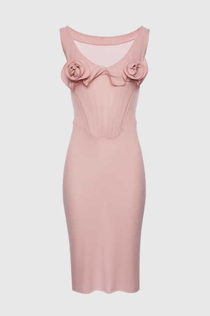 Dinella Appliqué Corset Midi Dress - Pink