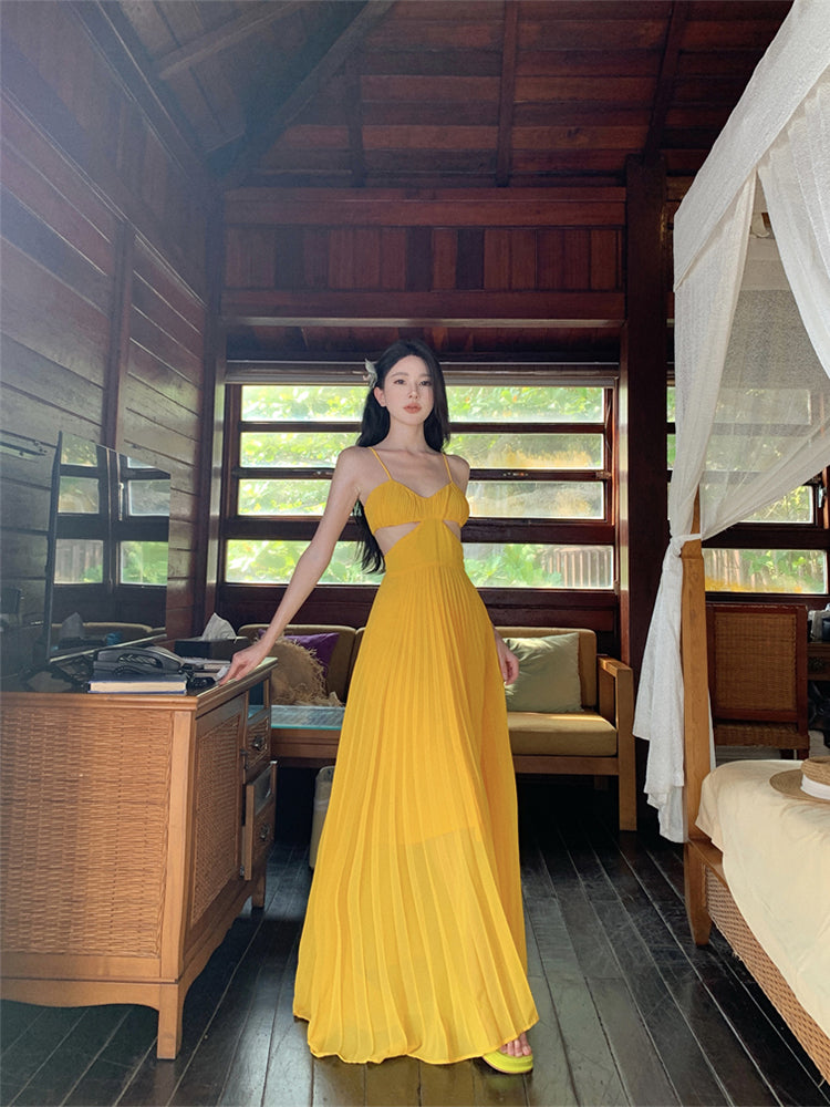 Dopamine Yellow Spaghetti Strap Maxi Dress _ Backless Vacation Outfit