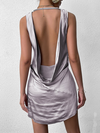 Draped Backless V-neck Satin Mini Dress