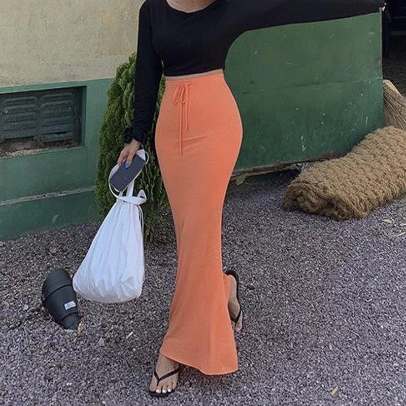 Drawstring Orange High Waist Maxi Tight Skirt