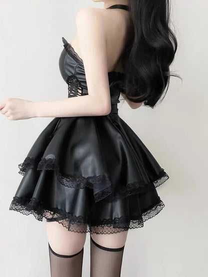 90s Gothic Black Party Hollow Out High Waist Lace-up Corset Mini Dress