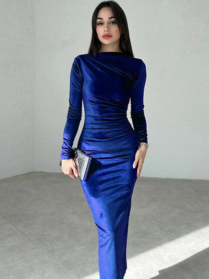 Velvet Long Sleeve Midi Dress - Party Clothes for Christmas Party