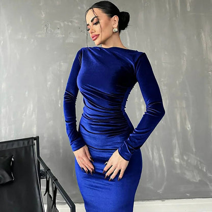 Velvet Long Sleeve Midi Dress - Party Clothes for Christmas Party