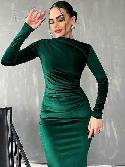 Velvet Long Sleeve Midi Dress - Party Clothes for Christmas Party