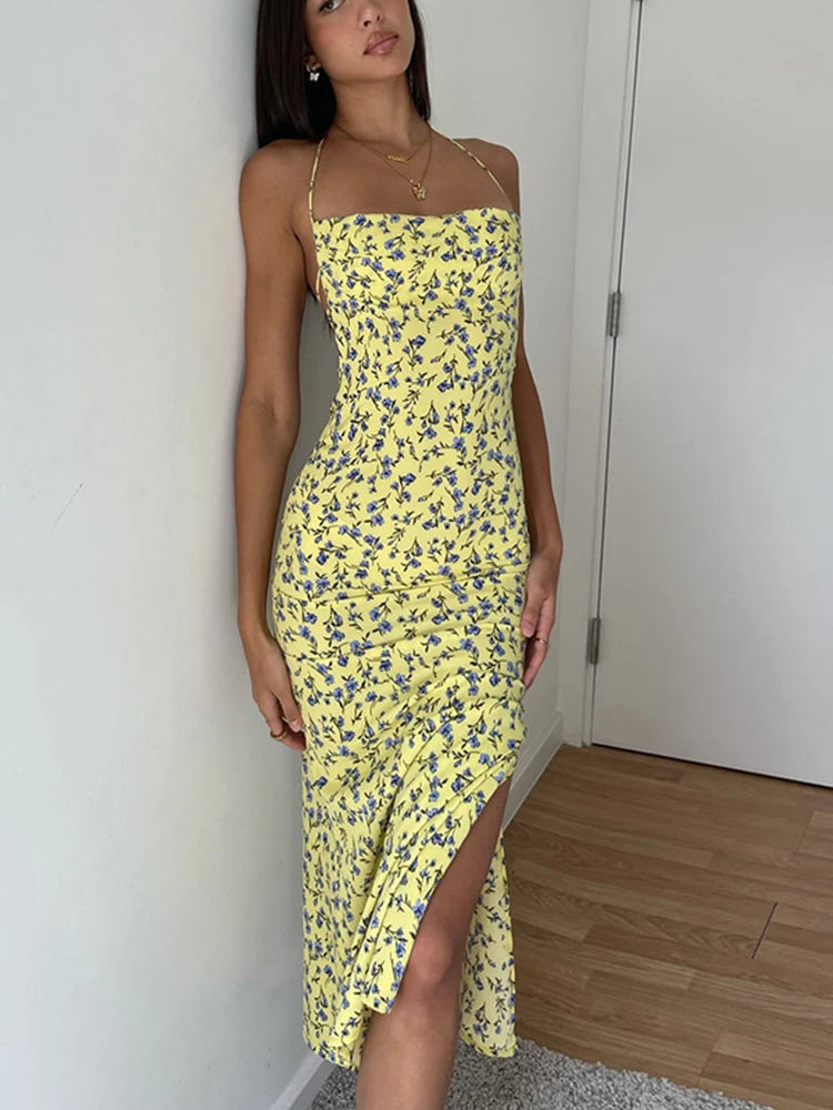Dulzura Lace Up Halter Long Bodycon Club Sun Midi Dresses