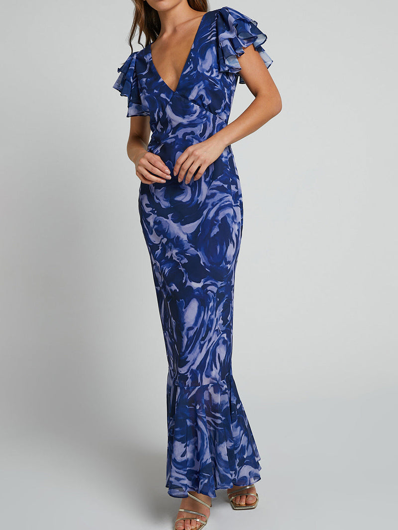 V Neck Flutter Sleeve Maxi Dress in Navy Swirl