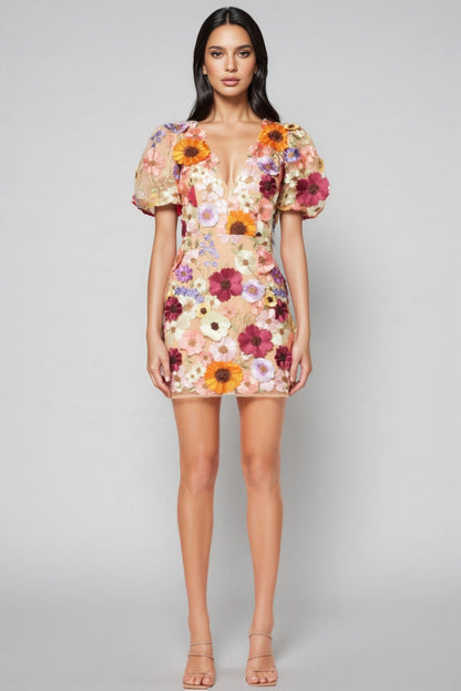 Brea V-neck 3d Printed Mini Dress