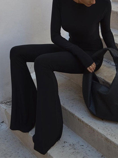 Black Backless Long Sleeve Flare Leg Jumpsuit