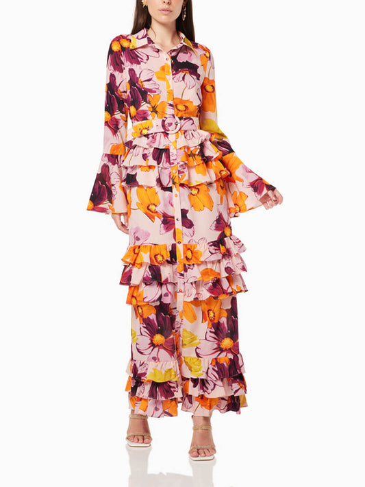 Print Shirt Ruffle Cake Maxi Dress