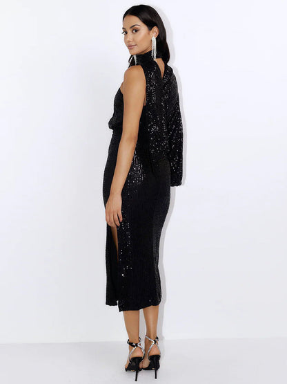 Layton Sequin One-shoulder Midi Dress - Black