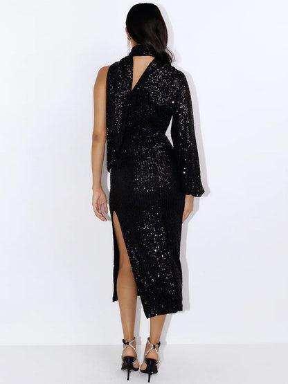 Layton Sequin One-shoulder Midi Dress - Black
