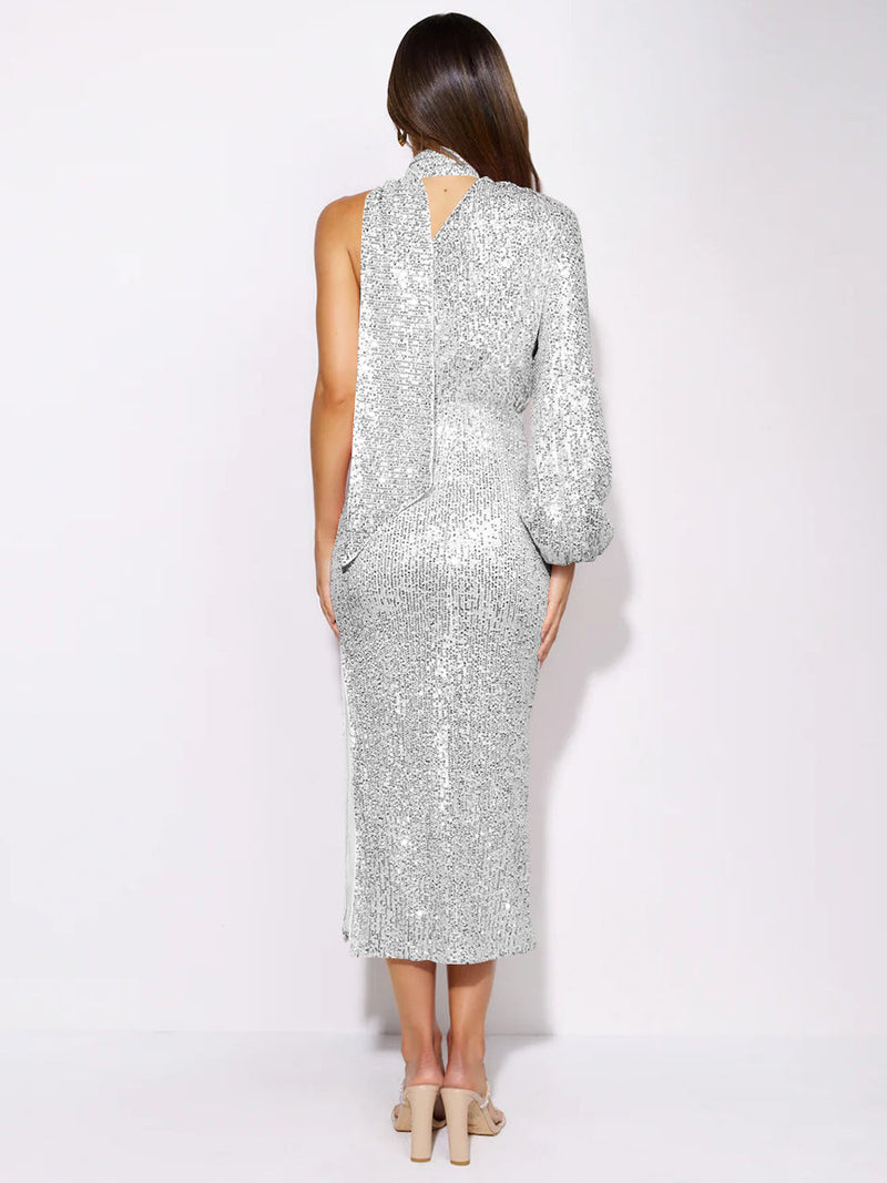 Layton Sequin One-shoulder Midi Dress - Silver