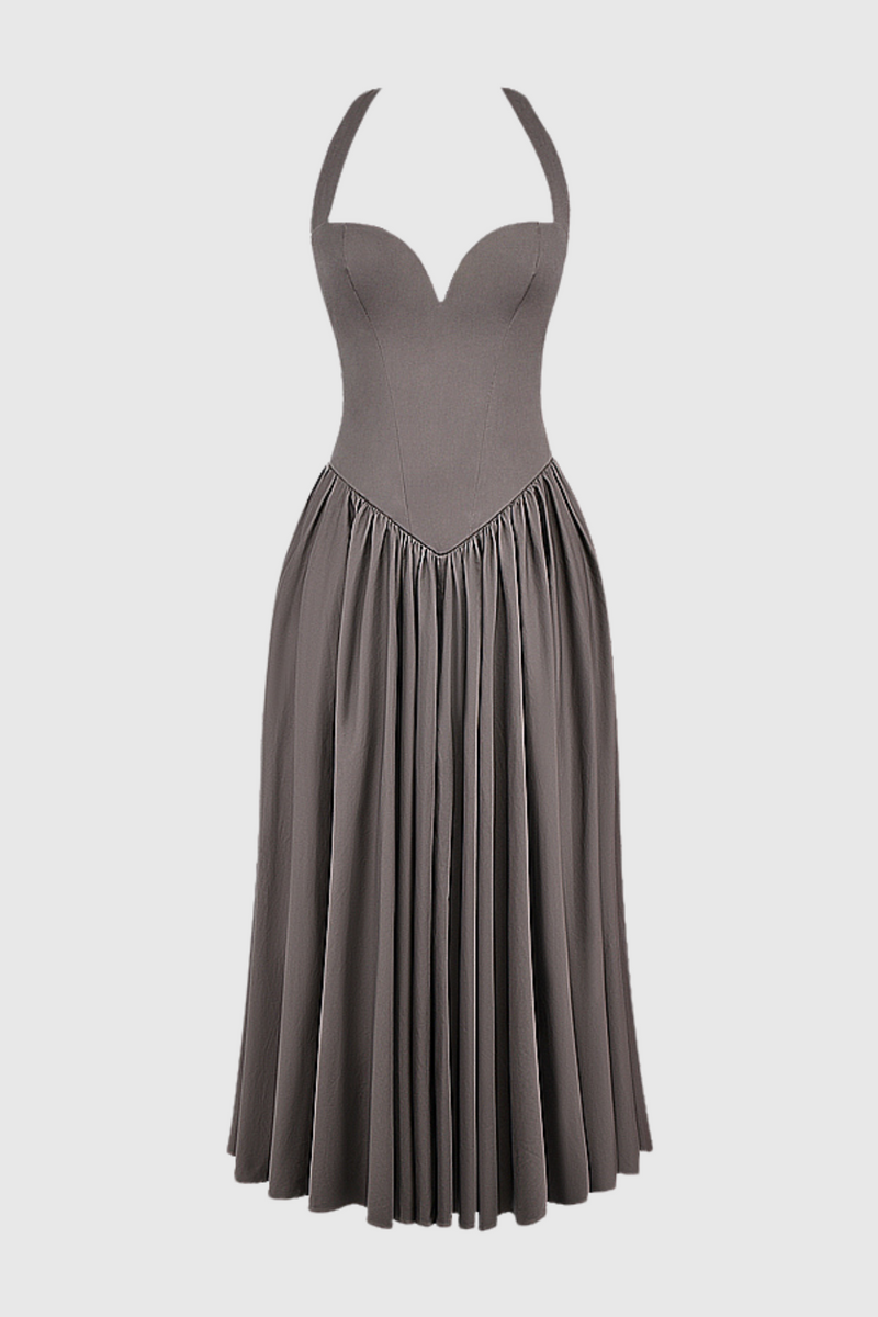 Ebrill Halter V-neck Ruched Midi Dress - Grey