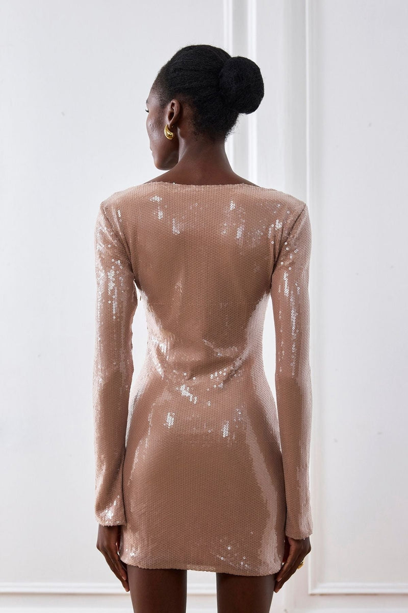 Aoibhe Long Sleeve Sequin Mini Dress in Apricot