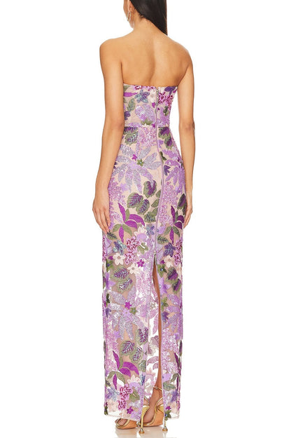Elara Sequin Embroidered Strapless Maxi Dress - Purple