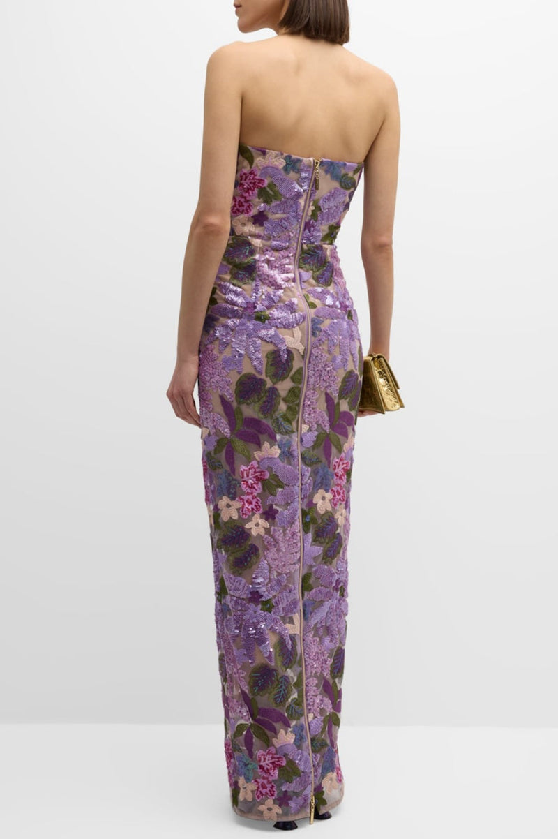 Elara Sequin Embroidered Strapless Maxi Dress - Purple