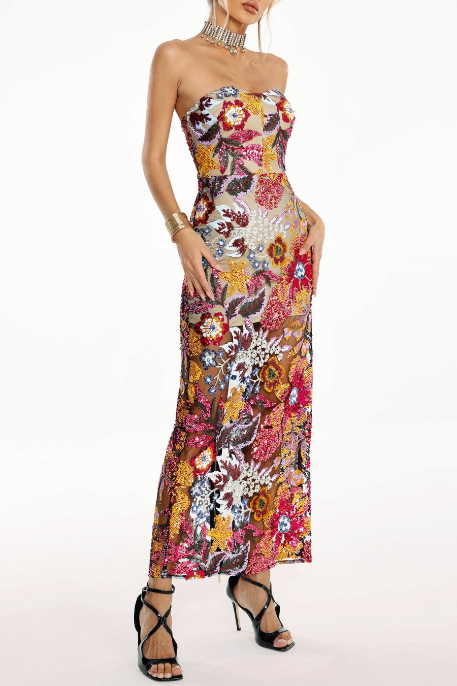 Elara Sequin Embroidered Strapless Maxi Dress - Red