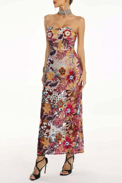 Elara Sequin Embroidered Strapless Maxi Dress - Red