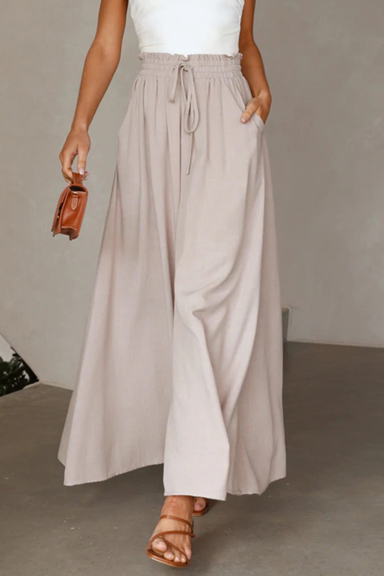 Elastic Waist Wide Leg Long Pants