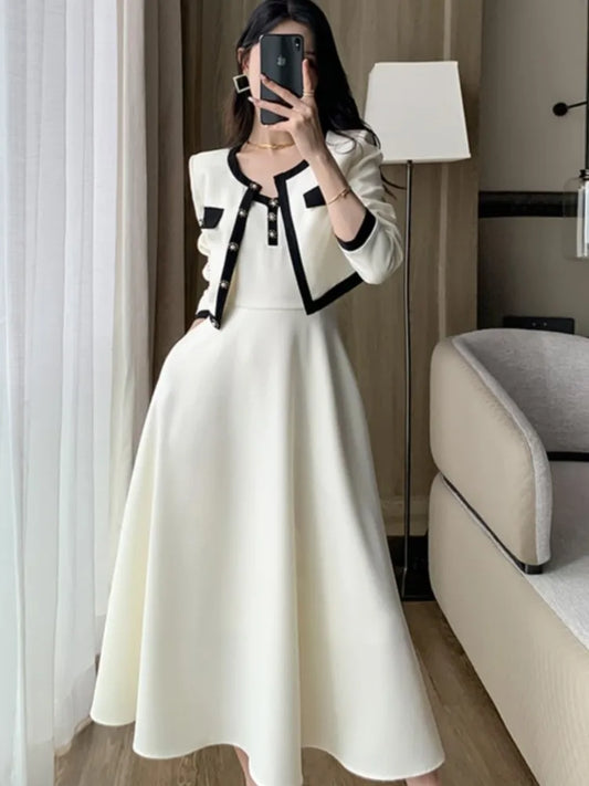 2-piece Dress Set for Lady Cropped Coat A-line Midi Camisole Dresses Slim Korean Female Suit Spring Autumn New