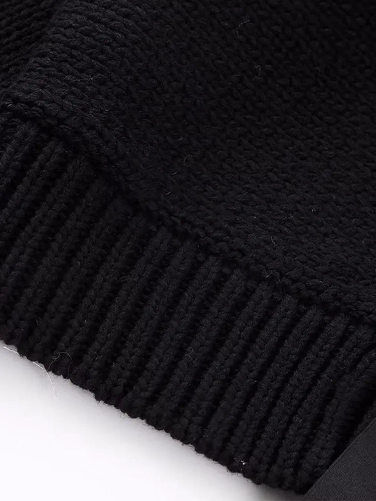 Bow Pearl Long Sleeve V Neck Loose Female Spring Black Soft Cardigan