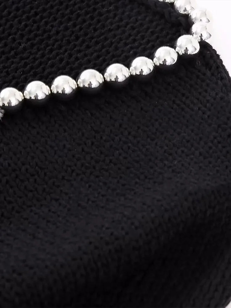 Bow Pearl Long Sleeve V Neck Loose Female Spring Black Soft Cardigan