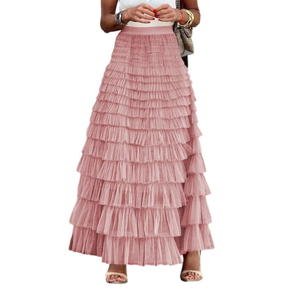 Fairy Tulle Tiered Elastic High Waist Mesh Ruffle Layered Long Skirt
