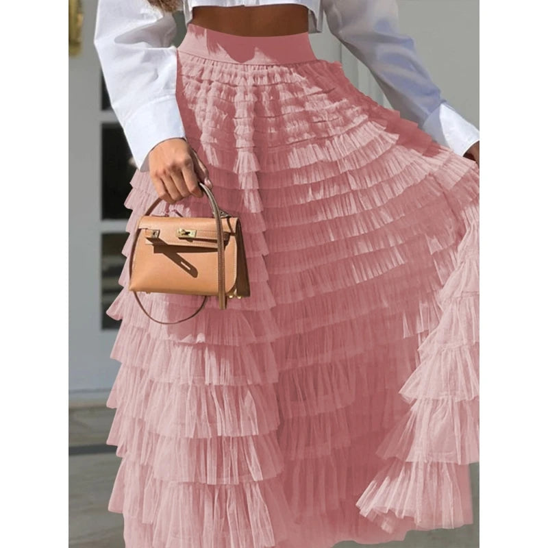 Fairy Tulle Tiered Elastic High Waist Mesh Ruffle Layered Long Skirt