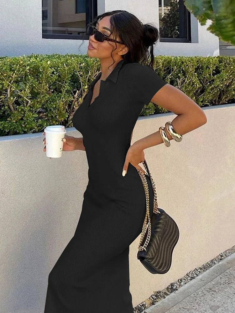Knitted Short Sleeve Backless Stretch Midi Dresses
