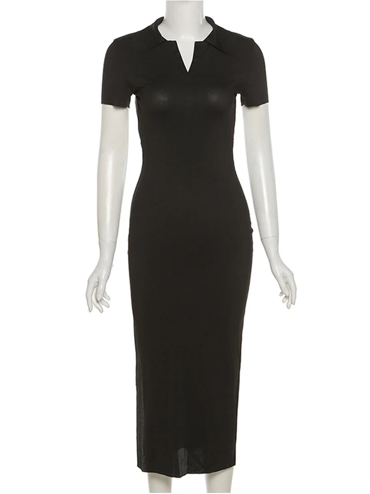 Knitted Short Sleeve Backless Stretch Midi Dresses