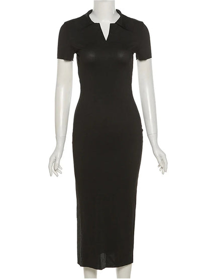 Knitted Short Sleeve Backless Stretch Midi Dresses