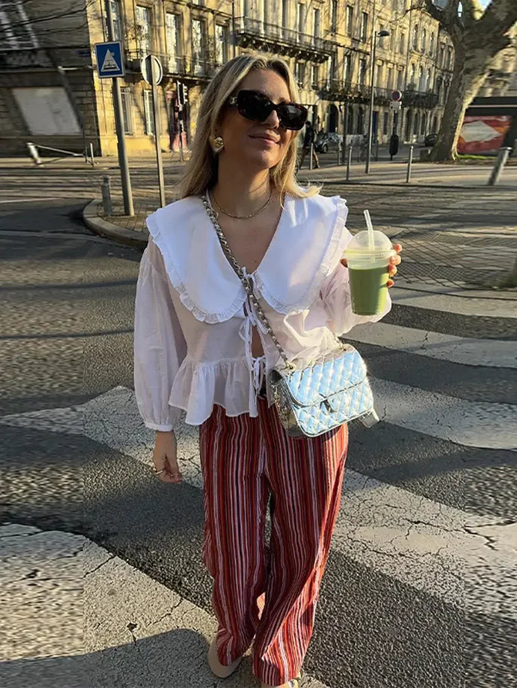 Lapel Doll Collar Shirts for Lantern Long Sleeve Lace Up Blouse Female Cropped Tops