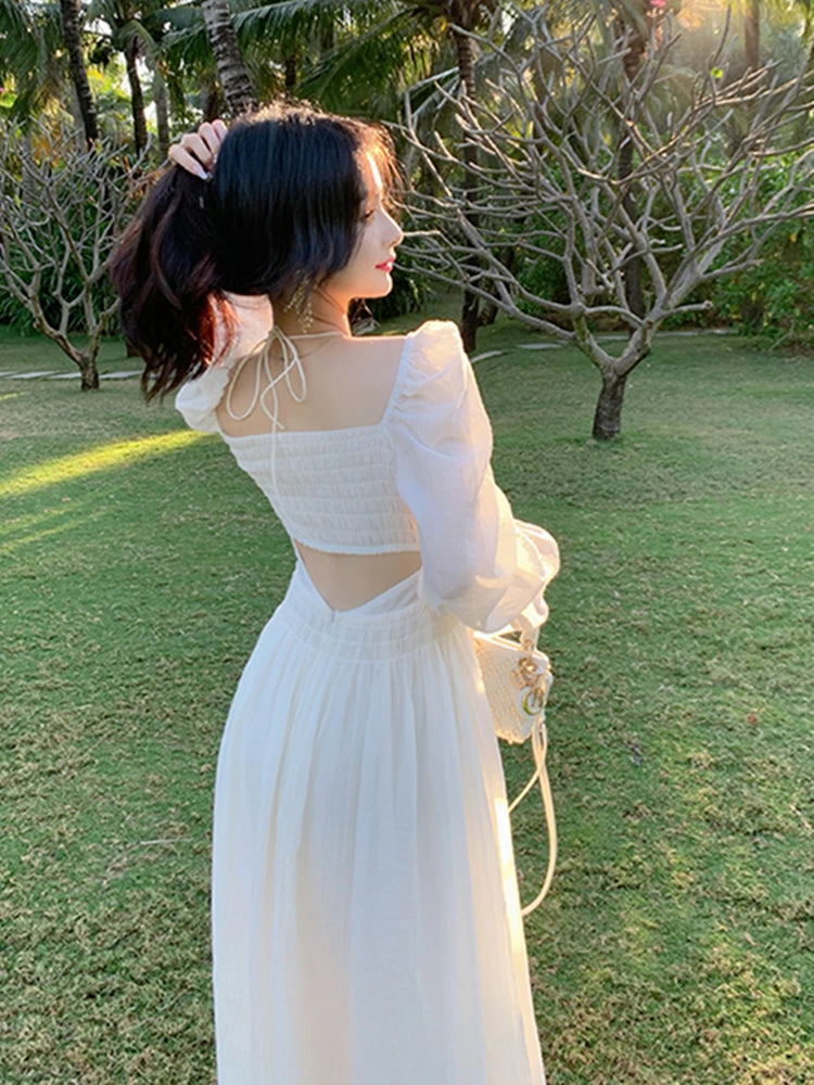 Long Sleeve Midi Dress Spring Summer New White Party Holiday Backless Prom Mixi Clothes Vestidos Robe