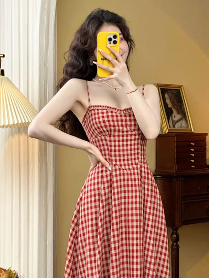 Plaid Midi Dress French Spaghetti Strap A-line Spring Summer Holiday Beach Style Prom Robe Vestidos Mujer