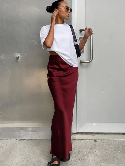Dressbetty - Satin Black Trumpet Skirts Slim High Waist Office Long Skirt