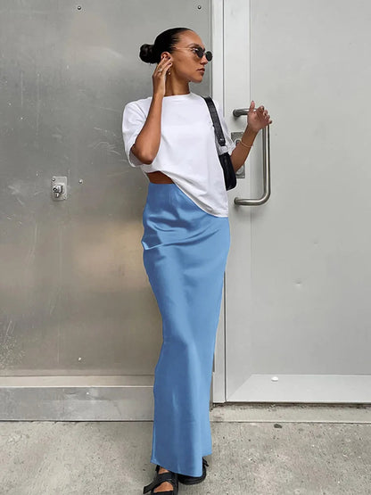 Dressbetty - Satin Black Trumpet Skirts Slim High Waist Office Long Skirt