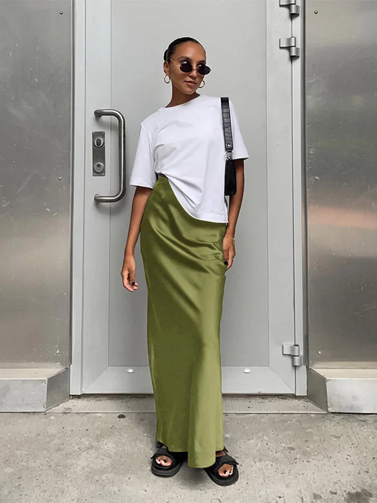 Dressbetty - Satin Black Trumpet Skirts Slim High Waist Office Long Skirt